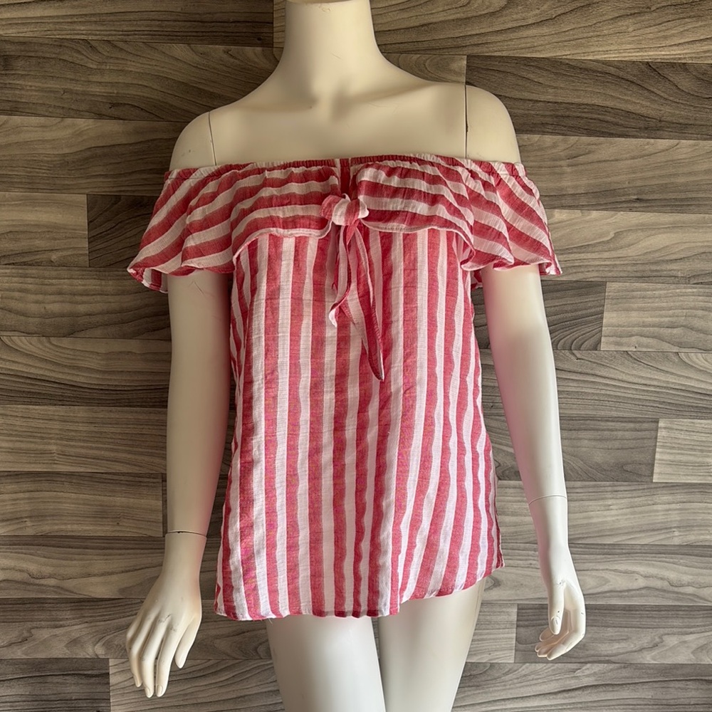 Vestique Red and White Ruffled Off-Shoulder Blouse 100% cotton